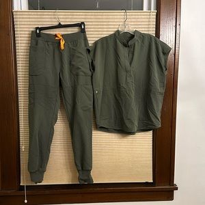 Figs Olive Green Scrub Set with Orange Accent